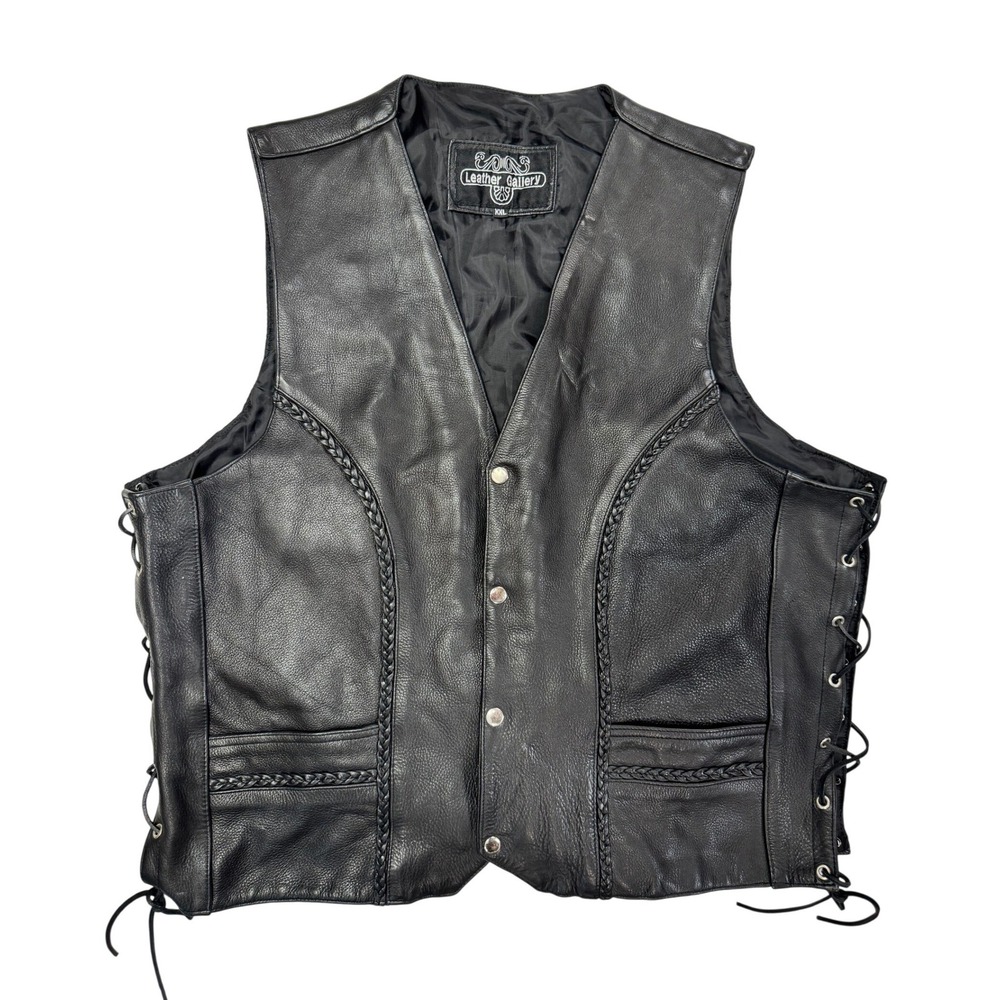 Leather Gallery Mens Black Biker Vest Braided Trim Side Lace Leather XXL